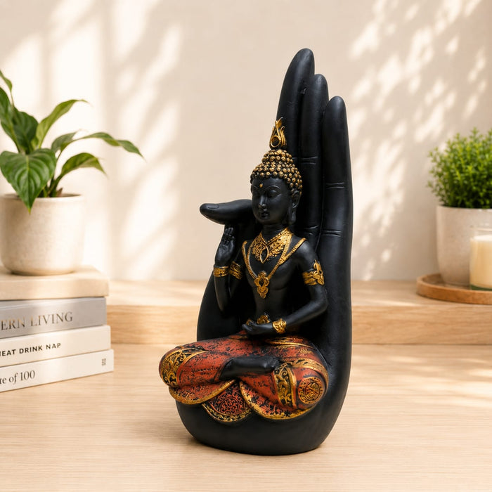 Buddha hand statue resin black gold – front view