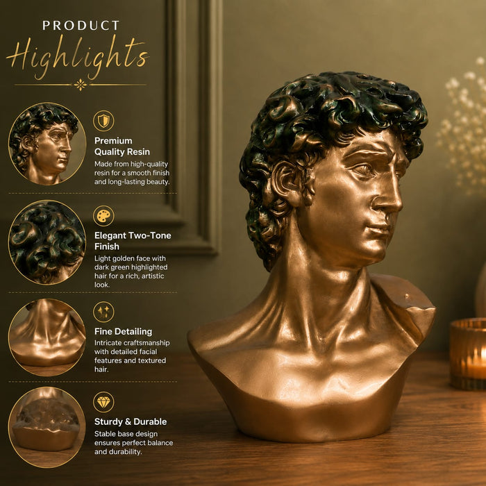 Classical Gold Bust of David with Patina Hair Resin Sculpture (11 Inch) - View 2