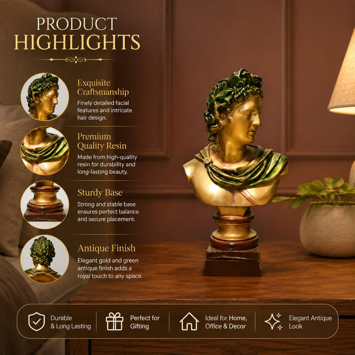 Classical Gold Male Bust with Green Draped Garment Resin Sculpture (11 Inch) - View 4