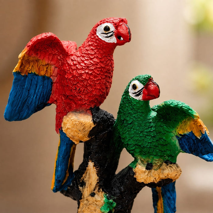 High-resolution craftsmanship detail shot displaying intricate ornamental work on Colorful Double Macaw Parrots on Branch Resin Sculpture (9 Inch)