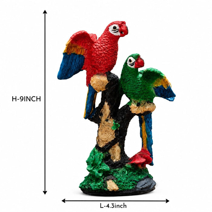 Exact dimension guide and measurement chart showing height and proportions of Colorful Double Macaw Parrots on Branch Resin Sculpture (9 Inch)