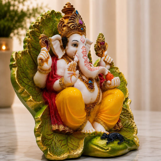 Divine Ganesha with Green Leaf Backdrop Resin Idol (9.5 Inch) - View 3