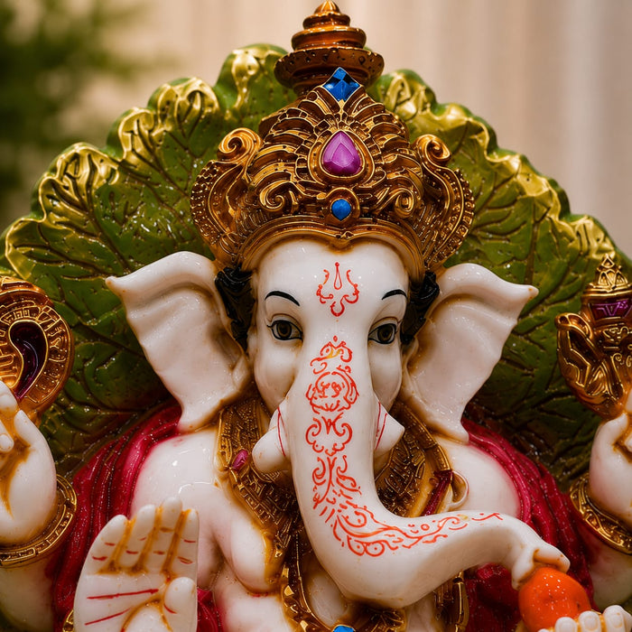 Divine Ganesha with Green Leaf Backdrop Resin Idol (9.5 Inch) - View 5