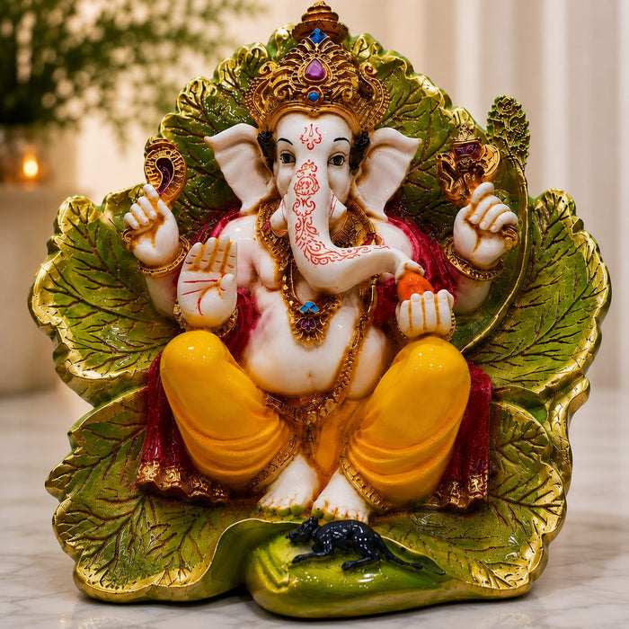 Divine Ganesha with Green Leaf Backdrop Resin Idol (9.5 Inch) - View 7
