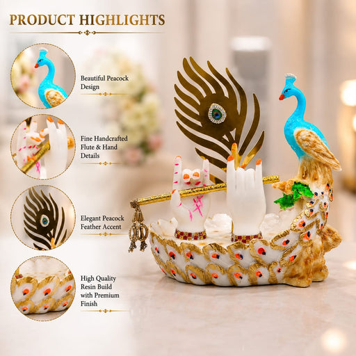 Divine Krishna Hands with Flute & Peacock Resin Idol (9.2 Inch) - View 1