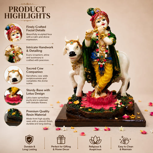 Divine Krishna Playing Flute with Holy Cow Resin Idol (9.5 Inch) - View 1