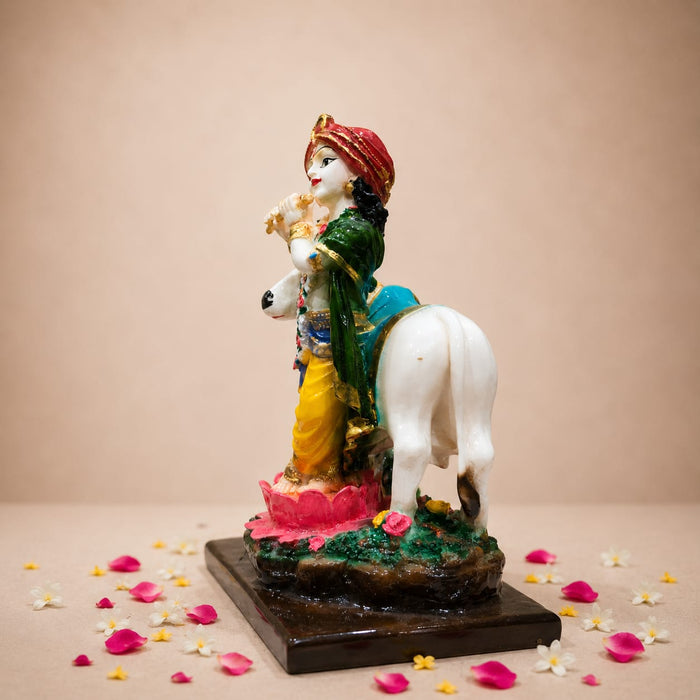 Divine Krishna Playing Flute with Holy Cow Resin Idol (9.5 Inch) - View 2