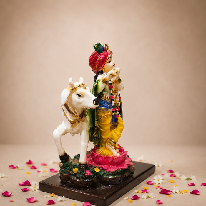 Divine Krishna Playing Flute with Holy Cow Resin Idol (9.5 Inch) - View 3
