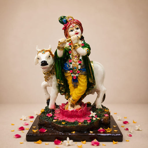 Divine Krishna Playing Flute with Holy Cow Resin Idol (9.5 Inch) - View 4