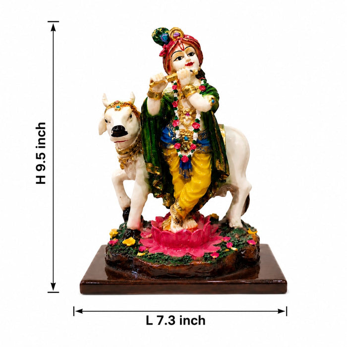 Divine Krishna Playing Flute with Holy Cow Resin Idol (9.5 Inch) - View 5