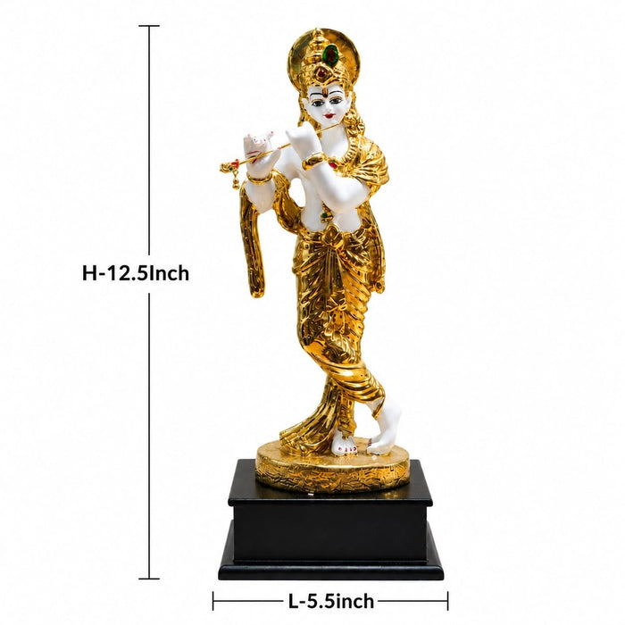 Three-quarter perspective angle view showcasing dynamic form and balanced proportions of Divine Lord Krishna Playing Flute with Cow Resin Idol (12.5 Inch)