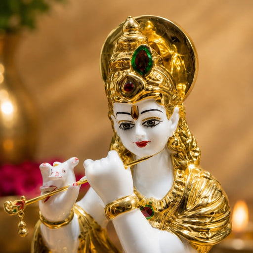 Detailed close-up of hand-painted accents, fine facial detailing, and premium Resin texture on Divine Lord Krishna Playing Flute with Cow Resin Idol (12.5 Inch)
