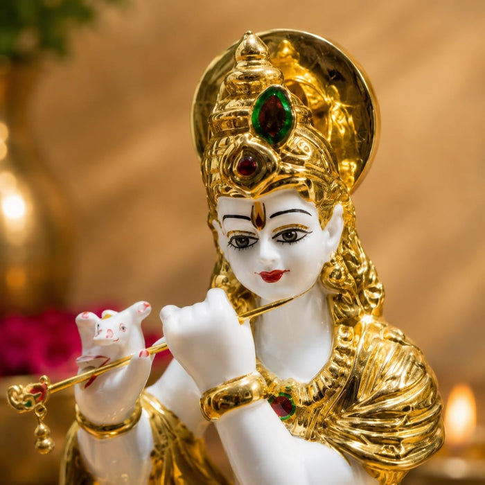 Detailed close-up of hand-painted accents, fine facial detailing, and premium Resin texture on Divine Lord Krishna Playing Flute with Cow Resin Idol (12.5 Inch)