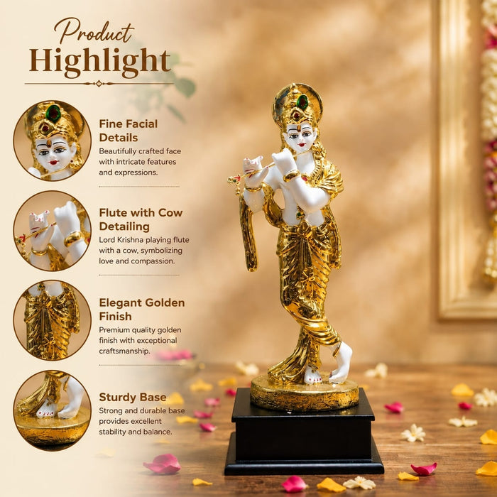High-resolution craftsmanship detail shot displaying intricate ornamental work on Divine Lord Krishna Playing Flute with Cow Resin Idol (12.5 Inch)