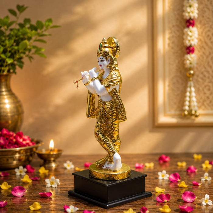 Full front view of Divine Lord Krishna Playing Flute with Cow Resin Idol (12.5 Inch) on display base against clean studio background