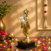 Full front view of Divine Lord Krishna Playing Flute with Cow Resin Idol (12.5 Inch) on display base against clean studio background