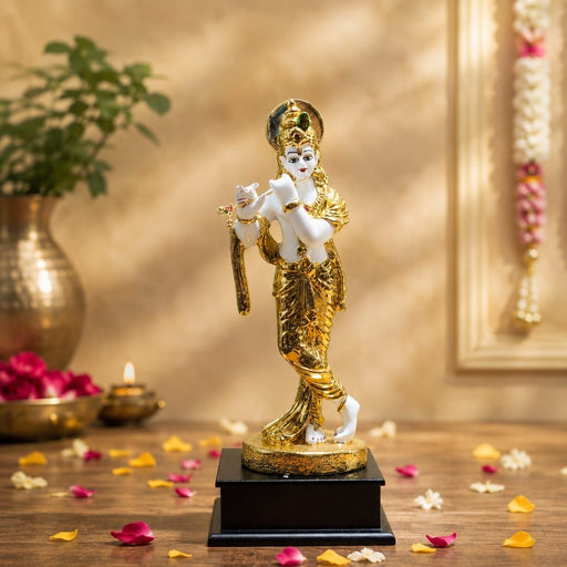 Side profile perspective showcasing elegant three-dimensional contours and sculptural depth of Divine Lord Krishna Playing Flute with Cow Resin Idol (12.5 Inch)
