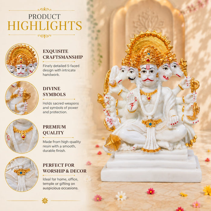 Divine Panchmukhi Hanuman White & Gold Resin Idol (6.5 Inch) - View 6