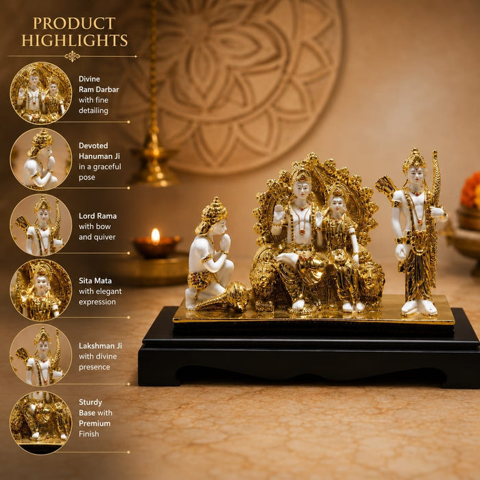 Three-quarter perspective angle view showcasing dynamic form and balanced proportions of Divine Ram Darbar Resin Idol on Royal Throne (11 Inch)