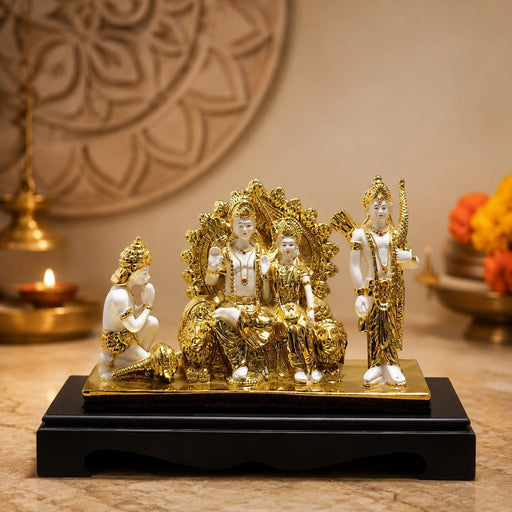 Detailed close-up of hand-painted accents, fine facial detailing, and premium Resin texture on Divine Ram Darbar Resin Idol on Royal Throne (11 Inch)