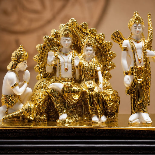 Product feature highlights and craftsmanship overview infographic for Divine Ram Darbar Resin Idol on Royal Throne (11 Inch)
