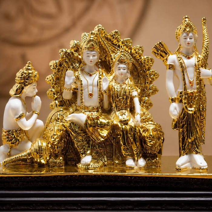 Product feature highlights and craftsmanship overview infographic for Divine Ram Darbar Resin Idol on Royal Throne (11 Inch)
