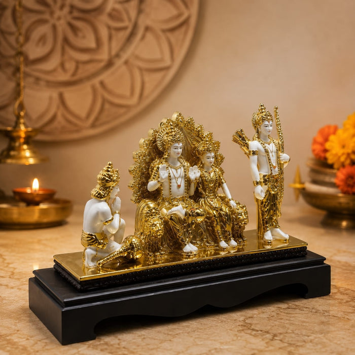 Full front view of Divine Ram Darbar Resin Idol on Royal Throne (11 Inch) on display base against clean studio background