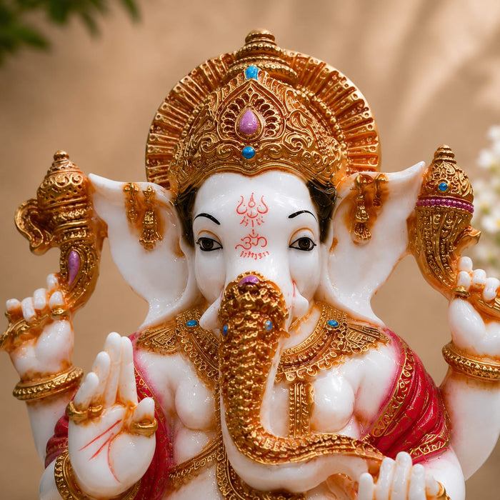 Divine White & Gold Ganesha Idol with Pink Accents Resin Statue (9 Inch) - View 2