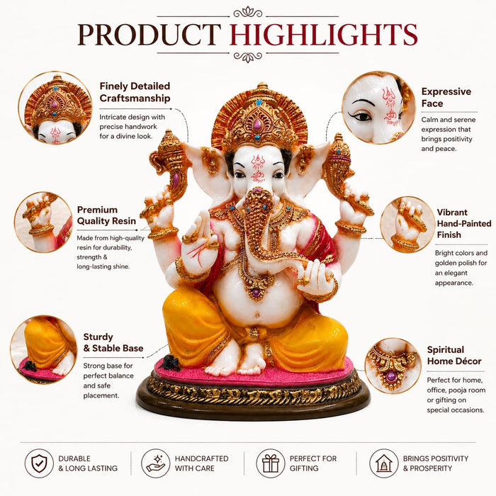 Divine White & Gold Ganesha Idol with Pink Accents Resin Statue (9 Inch) - View 3