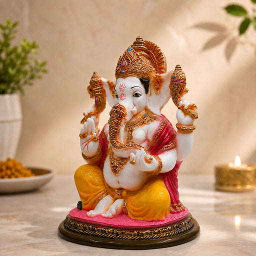 Divine White & Gold Ganesha Idol with Pink Accents Resin Statue (9 Inch) - View 5