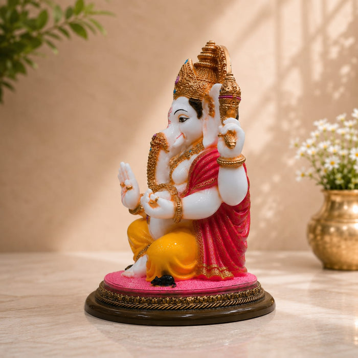 Divine White & Gold Ganesha Idol with Pink Accents Resin Statue (9 Inch) - View 6