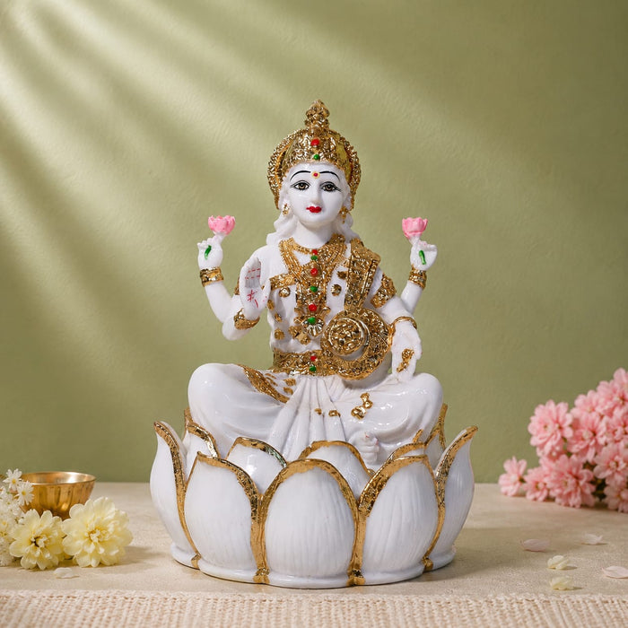 Divine White Resin Goddess Lakshmi Sitting on Lotus (10 Inch) - View 1