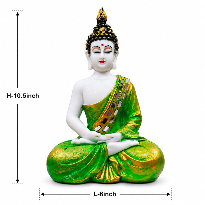 Earthy Green & Gold Meditating Resin Buddha Statue (10.5 Inch) - View 1