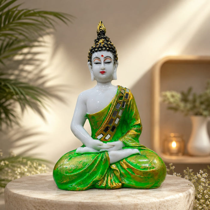 Earthy Green & Gold Meditating Resin Buddha Statue (10.5 Inch) - View 2