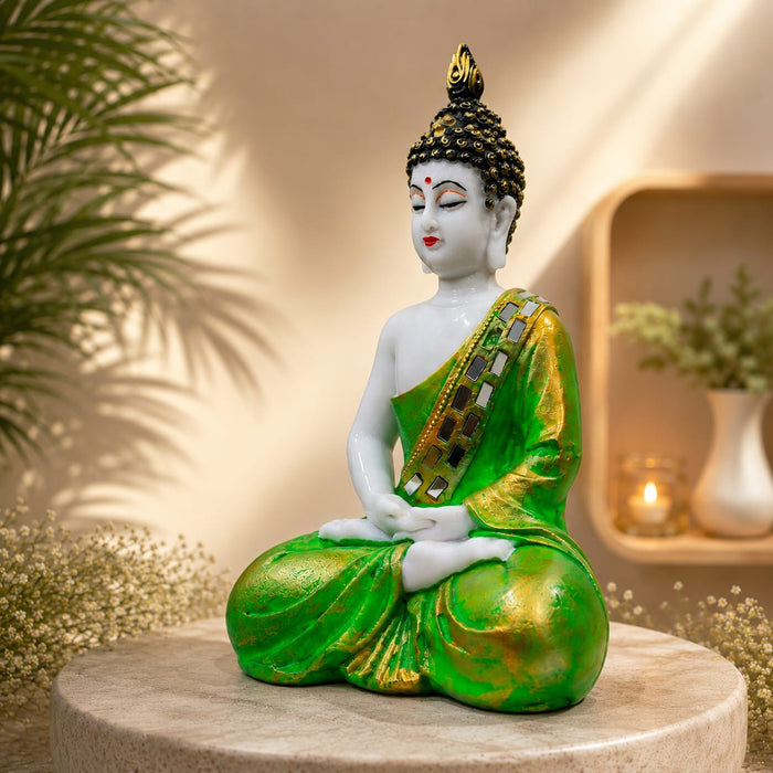 Earthy Green & Gold Meditating Resin Buddha Statue (10.5 Inch) - View 4