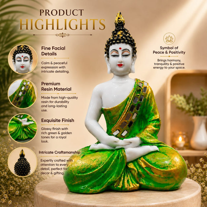Earthy Green & Gold Meditating Resin Buddha Statue (10.5 Inch) - View 5