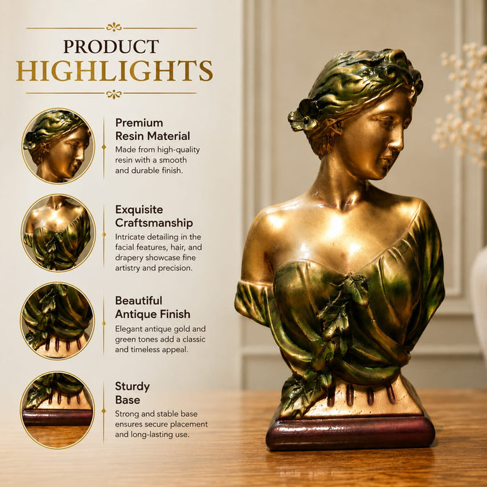 Elegant Gold Female Bust with Floral Draped Garment Resin Sculpture (12 Inch) - View 6