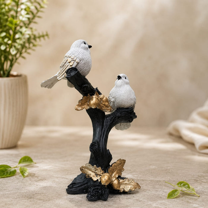 Elegant White Birds on Branch with Gold Acorns Resin Decor (10.5 Inch) - View 1