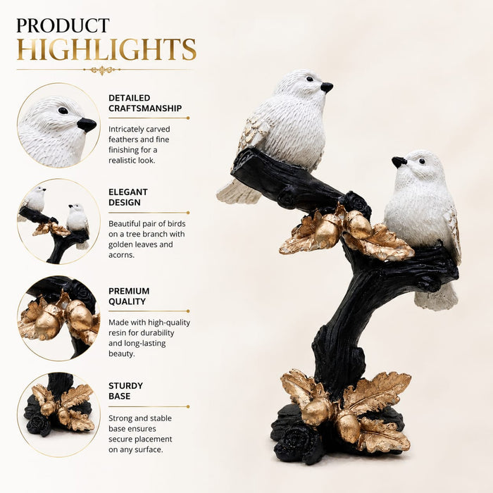 Elegant White Birds on Branch with Gold Acorns Resin Decor (10.5 Inch) - View 4