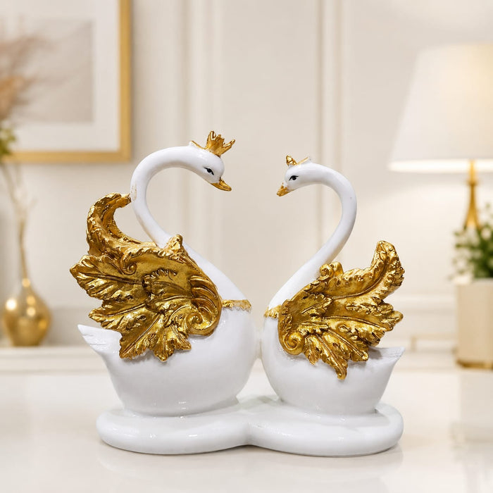 Elegant White & Gold Crowned Swan Pair Resin Figurine (7 Inch) - View 1