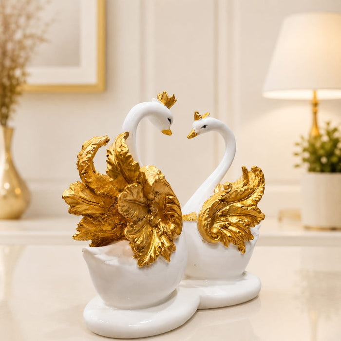 Elegant White & Gold Crowned Swan Pair Resin Figurine (7 Inch) - View 3