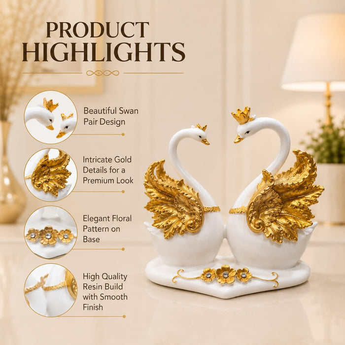 Elegant White & Gold Crowned Swan Pair Resin Figurine (7 Inch) - View 4