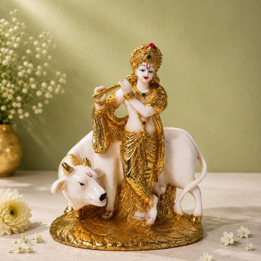 Elegant White Resin Krishna Flute Bust with Gold Detailing (9 Inch) - View 1