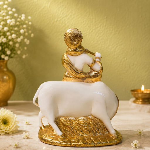 Elegant White Resin Krishna Flute Bust with Gold Detailing (9 Inch) - View 2