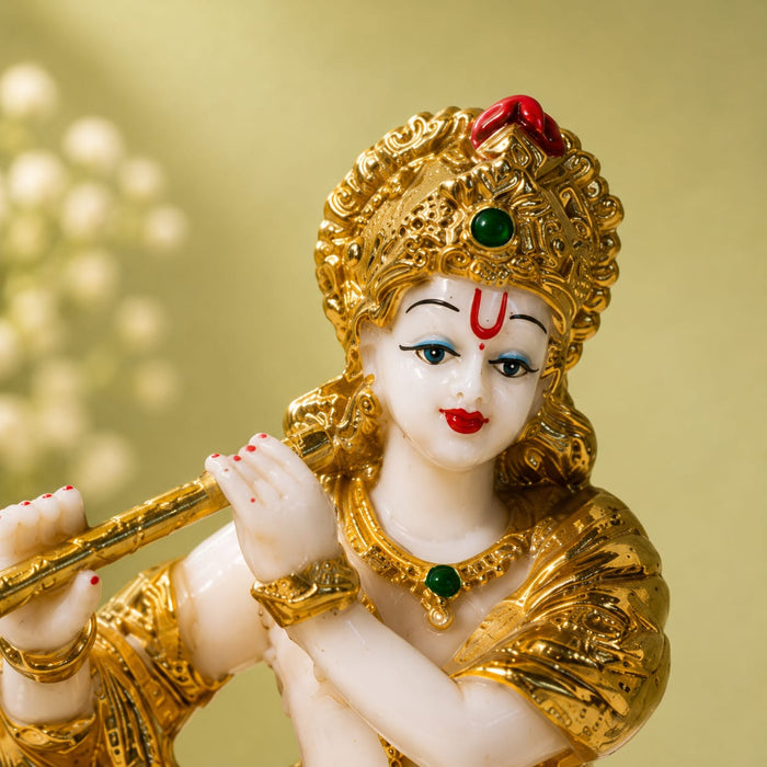 Elegant White Resin Krishna Flute Bust with Gold Detailing (9 Inch) - View 5