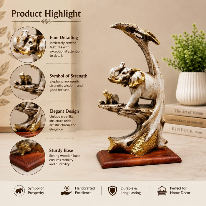 Three-quarter perspective angle view showcasing dynamic form and balanced proportions of Elephant Family on Branch Resin Sculpture (9 Inch)
