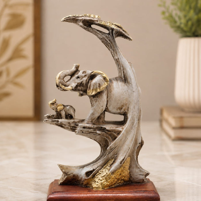 Exact dimension guide and measurement chart showing height and proportions of Elephant Family on Branch Resin Sculpture (9 Inch)