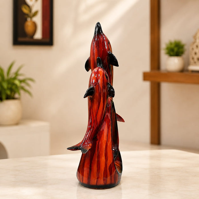 Faux Wood Finish Leaping Dolphin Duo Resin Showpiece (17 Inch) - View 2