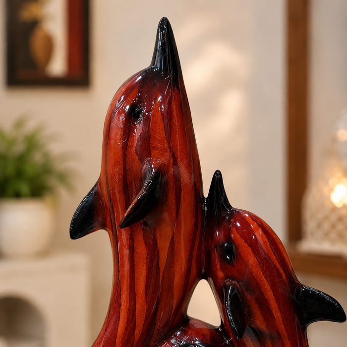 Faux Wood Finish Leaping Dolphin Duo Resin Showpiece (17 Inch) - View 6