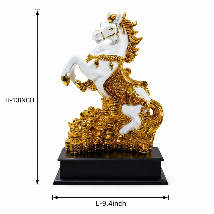 Detailed close-up of hand-painted accents, fine facial detailing, and premium Resin texture on Feng Shui Wealth Rearing Horse on Coins Resin Sculpture (13 Inch)
